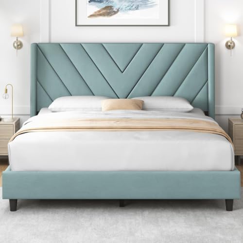 Yaheetech Queen Bed Frame with Chevron Channel-Tufted Headboard, Blue Lake
