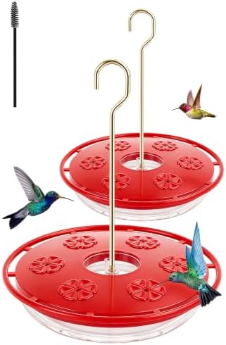 FEED GARDEN Saucer Hummingbird Feeders for Outdoors Hanging, 2 Pack 16oz Leak-Proof Nectar Feeder with Bee Guards Built-in Ant Moat, 6 Feeding Ports, Wide Mouth Easy Refill & Clean, BPA-Free,Red
