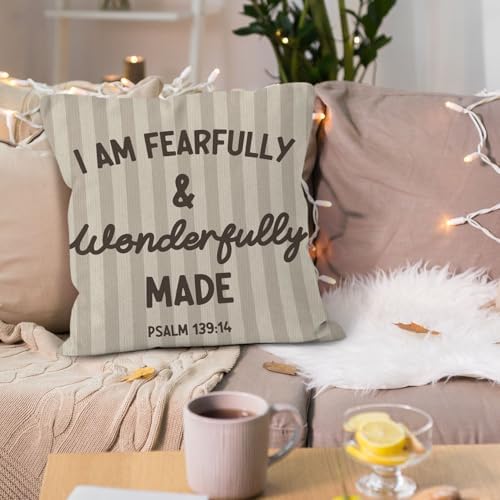 Christian Nursery Throw Pillow Cover 18x18, Bible Verse I Am Fearfully and Wonderfully Decorative Pillow Covers for Kids Nursery Room Bedroom Playroom, Religious Accent Pillows Cover Pillowcases