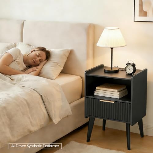 MAHANCRIS Black Nightstand with Charging Station, Modern Fluted End Table