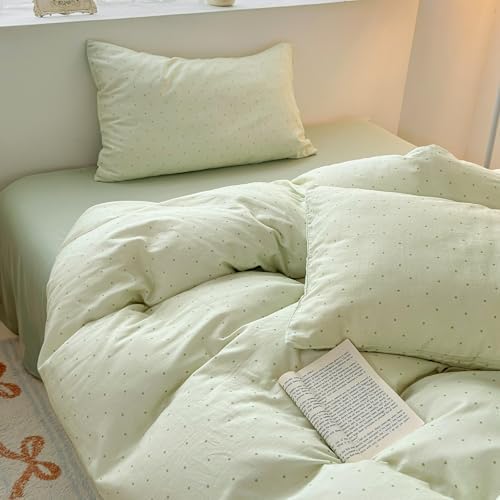 Chic Polka Dot Duvet Cover Queen Size 3PCS 100% Cotton Double Layer Gauze Zipper Bedding Set, Soft Breathable Comforter Cover with 2 Pillowcases Kids Adults Green Bedding Duvet Cover for All Seasons