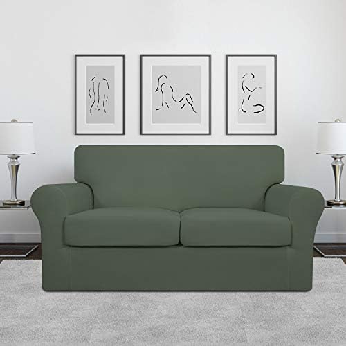 Easy-Going 3 Pieces Stretch Soft Couch Cover for Dogs - Washable Sofa Slipcover for 2 Separate Cushion Couch - Elastic Furniture Protector for Pets, Kids (Loveseat, Greyish Green, Medium)