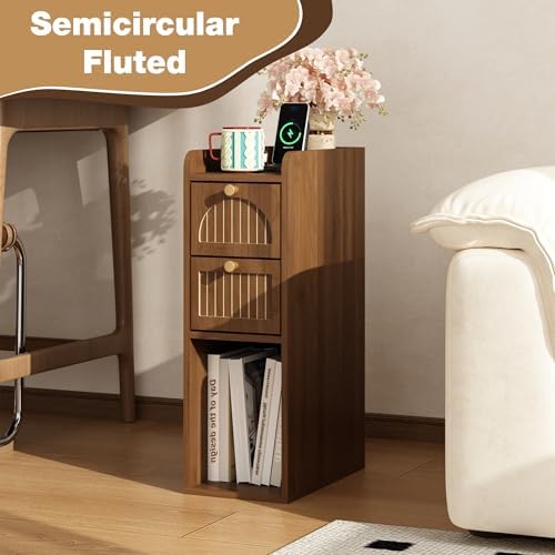 7.87" Narrow Nightstand Set of 2, Fluted Slim Bedside Table with 2 Drawers, Mid Century Modern Small End Table with Gold Metal Handles, for Bedroom, Living Room & Small Spaces - Walnut