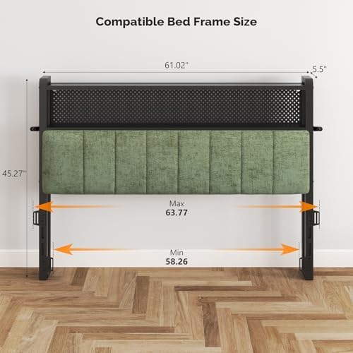 VINGLI Chenille Green Queen Size Headboard for Bed with Storage Bookcase, Upholstered Head Board with Charging Stations and LED Lights, 2 Tier Shelves and Pegboard,Height Adjustable
