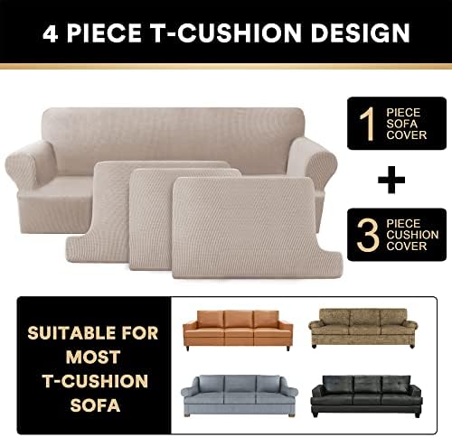 PrinceDeco T Cushion Sofa Slipcover 4 Pieces Sofa Covers for T Cushion Couch Soft Sofa Slip Covers Furniture Protector with 3 Individual T Shape Seat Covers Width Up to 88 Inch, Sand