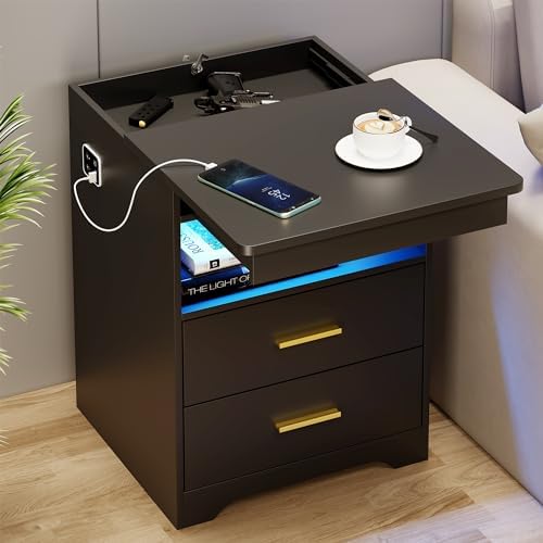 FREDEES LED Nightstand with Gun Drawer & Charging Station