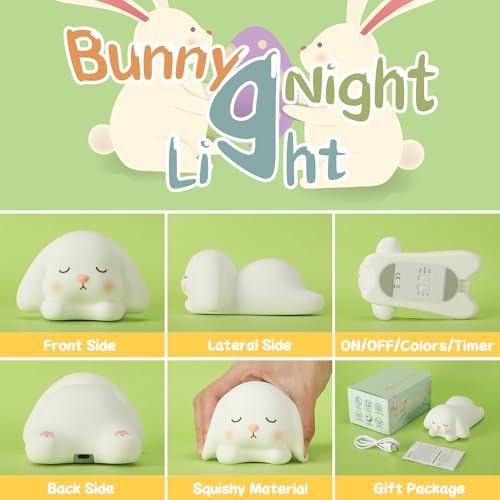 ZKLiLi Bunny Night Light for Kids Lamp, 16 Colors Lamp Cute, Dimmable Baby Night Lights for Nursery,Silicone Rechargeable Nightlight for Kids Room, Kawaii Room Decor
