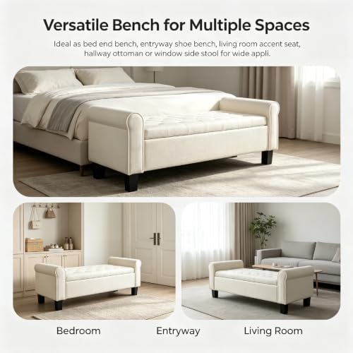 51 Inch White Linen Storage Ottoman Bench with Rolled Armrests