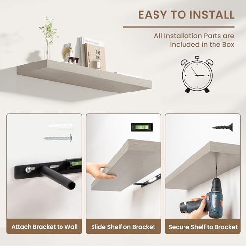 Dreamland 32 Inches Wall Mounted Wood Floating Shelves, Grey, 2 Pack
