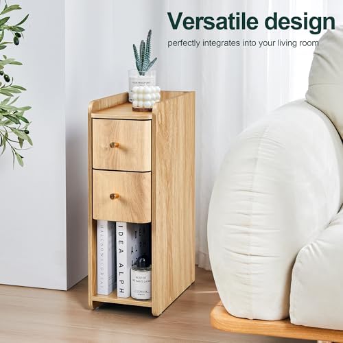 Narrow Nightstand Set of 2, Wooden Small 2 Drawer Nightstand, Slim Side End Table, Skinny Bedside Table, Mid Century Modern Night Stand with Drawers for Bedroom (Natural-2 pcs)