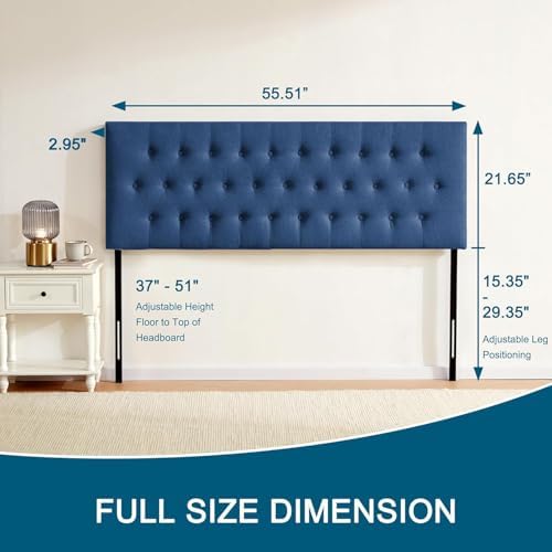 Tufted Upholstered Headboard Full Size, Adjustable Height 37- 51 in, Blue