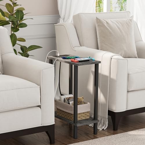 TUTOTAK Narrow Side Table, 2-Tier Small End Table with Charging Station