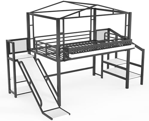 Bellemave Full Size Metal House Loft Bed with Slide and Stairs,Heavy Duty Playhouse Loft Bed Frame with Shelves,LED Lights and Charging Station for Kids,Teens,Adults,Black
