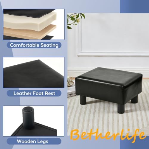 Small Foot Stool Ottoman, Faux Leather Footstool Ottoman Foot Rest for Couch, Rectangle Footstools and Ottomans Small for Living Room, Entryway and Bedroom (Black)