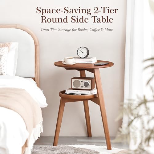 2-Tier Round Bamboo Side Table, Mid Century Modern End Table
