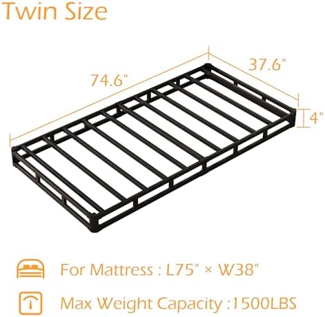 Box Spring Twin 4 Inch Low Profile Bed Base with Fabric Cover