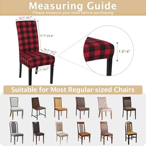 SearchI Christmas Chair Covers Set of 4, Stretch Xmas Kitchen Chair Cover Removable Washable Holiday Parsons Chair Slipcovers for Dining Room, Christmas Decoration, Ceremony (Black/Red Plaid)