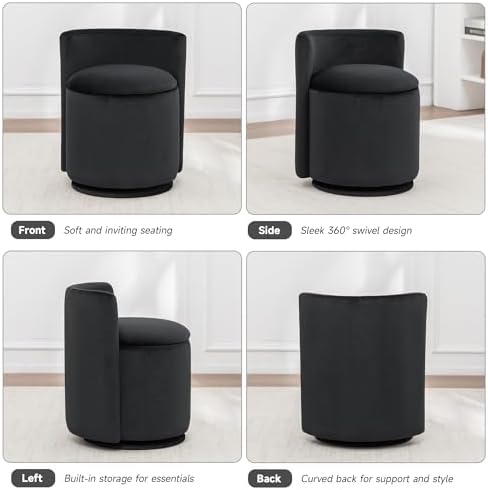 MINCETA Vanity Chair with Storage, 360° Swivel Accent Chair, Deep Black
