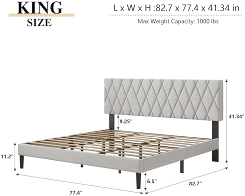 CXVX King Size Bed Frame with Diamond Tufted Headboard, Linen Upholstered Platform Bed and Wooden Slat Support, Noise-Free, No Box Spring Needed, Easy Assembly, Light Grey