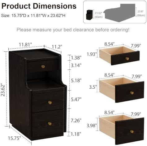 AQIMUELE Solid Wood Narrow Nightstand with 3 Drawers,Pure Black 11.8"