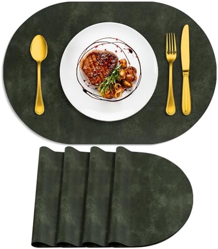 ADRIMER Oval Placemats Set of 4, Wipeable Faux Leather, Olive Green