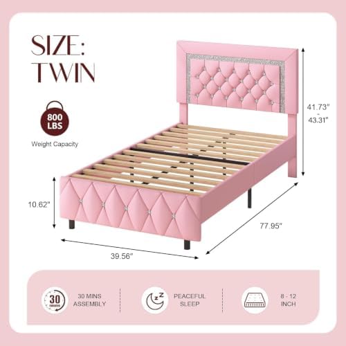 HOMBCK Twin Bed Frame with Headboard, Diamond Tufted Design, Pink