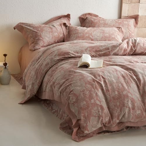 Jacquard Floral Duvet Cover Set King,Yarn-Dyed Cotton Blush Pink Flower Duvet Cover Bordered,Vintage Garden Style Bedding Set King Size 3 Pieces