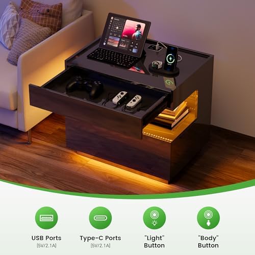 HNEBC Black LED Nightstand with Gun Drawers&USB-C Port&Lights for Bedroom