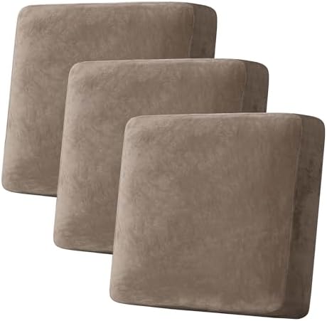 H.VERSAILTEX Velvet Stretch Couch Cushion Cover Plush Cushion Slipcover for Chair Loveseat Sofa Cushion Furniture Protector Seat Cushion Sofa Cover (3 Piece XL Sofa Cushion Covers, Mocha)