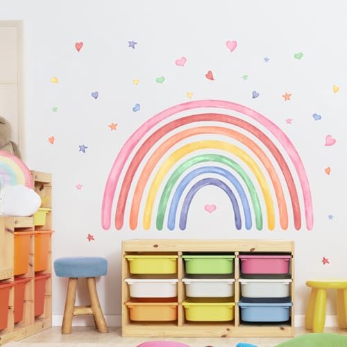 42" x 26" Rainbow Wall Decals Stickers for Girls Nursery Peel and Stick Watercolor Rainbow Hearts Stars Vinyl Wall Mural for Kids Toddlers Bedroom Playroom Classroom