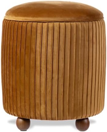 Glitzhome Round Ottoman with Storage, Pleated Velvet Small Foot Stool, Modern Accent Stool Upholstered Vanity Stool with Rubberwood Ball Feet for Bedroom Living Room Dorm Room, Brown