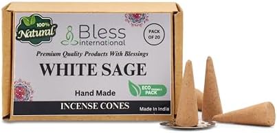 Bless-International White Sage 100%-Natural-Incense-Cones Handmade-Hand-Dipped Organic-Chemicals-Free for-Purification-Relaxation-Positivity-Yoga-Meditation The-Best-scents (20 Count)
