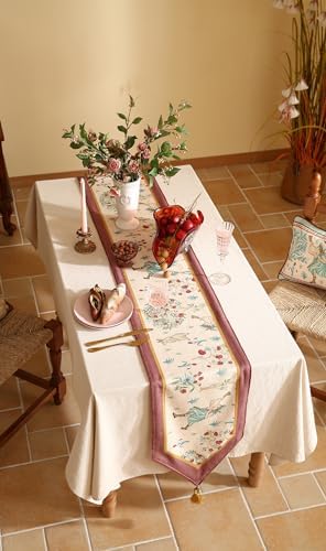patdrea Designer Idyll Linen Table Runner, Vintage Beige Farmhouse with Ancient Spring Figure and Fruit Trees Pattern Table Mat, Decoration for Kitchen Dining Banquet Christmas ,12"*87"