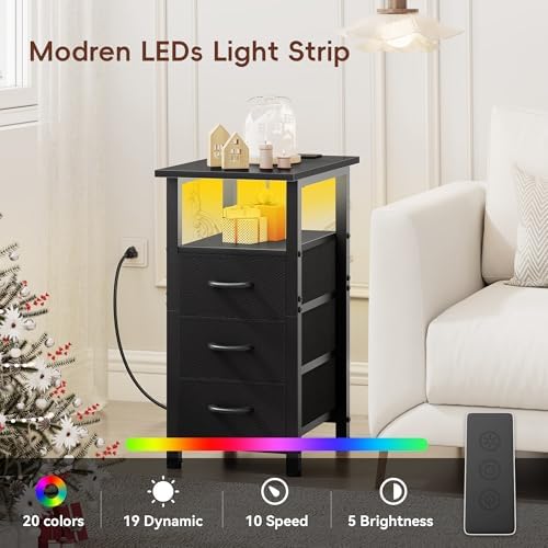 Vagusicc Black Nightstand with Charging Station and LED Lights, Narrow End Table, LED Nightstand with 3 Fabric Drawers for Bedroom, Small Night Stand, Narrow Side Table for Small Spaces, Black
