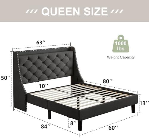 Feonase Queen Bed Frame with Luxury Wingback and Fast Charging Station,Upholstered Button Tufted Storage Headboard Queen Platform Bed,Sturdy Wooden Slats Support,Noise-Free,Easy Assembly,Dark Gray