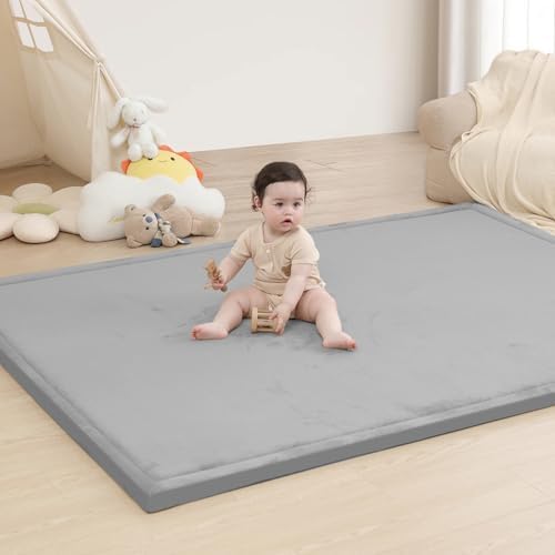 Large 79"x110" Baby Activity Play Mat for Floor,1.3" Thick Elasti Foam Cushion Mat for Tummy Time & Crawling,Non-Slip&Safe for Infants,Toddlers & Kids, for Living Room,Classroom & Playroom(Light Grey)