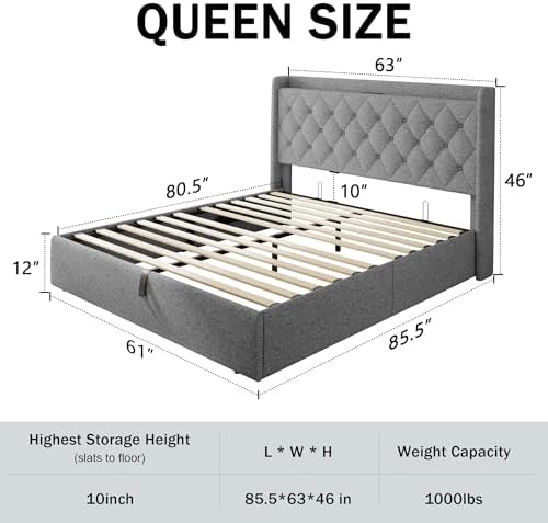 GalnFu Queen Size Bed Frame with Storage, Upholstered Queen Lift up Storage Bed Frame with Charging Station, Button Tufted Headboard, No Box Spring Needed, Easy Assembly, Noise Free, Light Gray