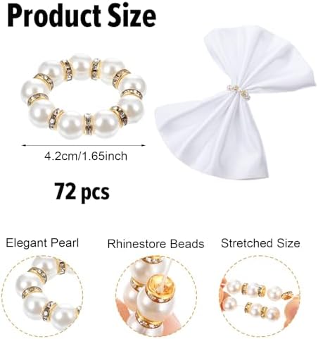 72Pcs Pearl Napkin Rings Imitation Pearl Ring Napkin Holder Delicate Gold Beaded Serviette Buckles for Wedding Christmas Dinner Banquet Decor Party Table Settings