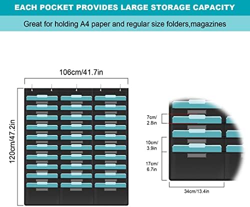 KIKIGOAL 30 Pockets Hanging Wall File Organizer, Heavy Duty Storage Pocket Chart With 30 Name Tag Pockets for File Folder and Paper, Space Saver for Office and Classroom