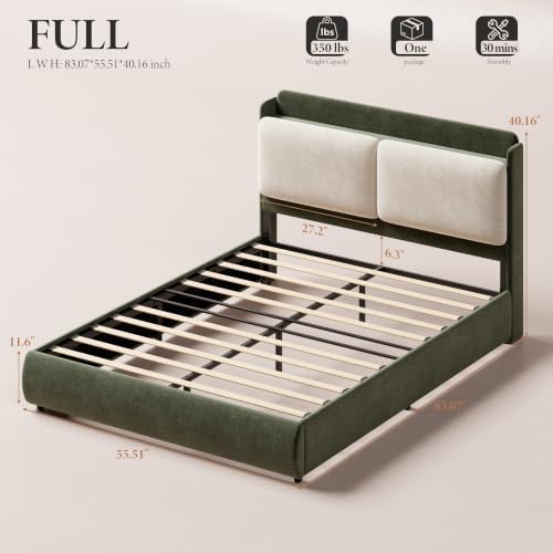 Garvee Full Upholstered Bed Frame with Recessed Shelf- Green & Beige