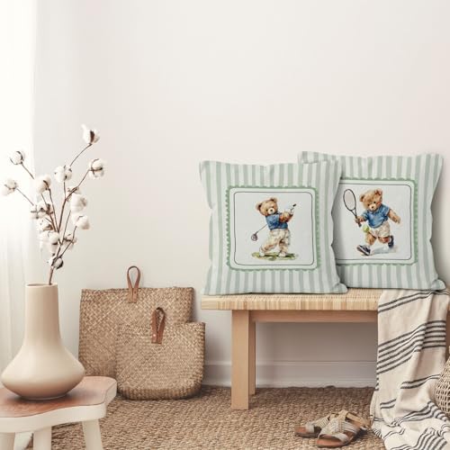 Sports Bear Nursery Throw Pillow Cover 18x18, Golf Tennis Player Bear Decorative Pillow Covers for Kids Toddler Boy Nursery Room Bedroom Playroom, Sports Accent Pillows Cover Pillowcases, Set of 2