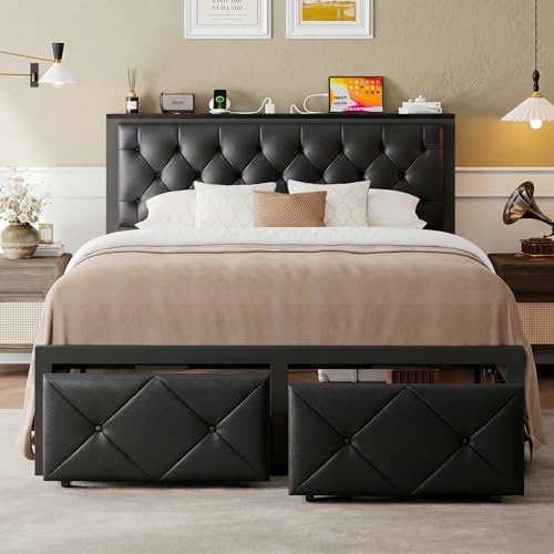 Einhomn Full Bed Frame with Storage Drawer, Metal Platform Bed with Charging Station, Upholstered Faux Leather Button Tufted Storage Headboard, No Box Spring Needed, Noise-Free, Easy Assembly, Black