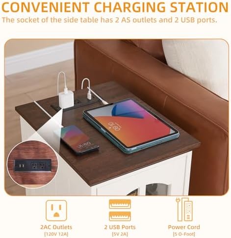 RWYHG Narrow Side Table, Farmhouse Nightstand with Charging Station
