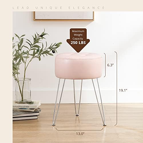LUE BONA Faux Leather Vanity Stool Chair for Makeup Room,19” Height, Tufted Vanity Chair Stool with Metal Legs, Modern Ottoman for Bedroom, Living Room