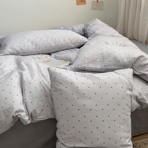 Polka Dot Queen Duvet Cover Set Grey Boho Comforter Cover Queen Size 100% Cotton Double Gauze Country Soft Duvet Cover Set with Zipper Farmhouse Girl Bedding Set Cute Duvet Protector