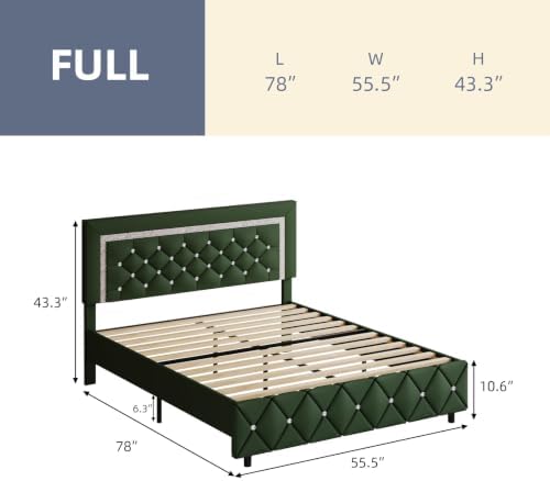 BarnFurin Full Size Bed Frame with Headboard, Faux Leather Upholstered Bed with Diamond Tufted Design, Mordern Bed Frame with Wooden Slats Suppor, No Box Spring Required, Easy Assembly, Green