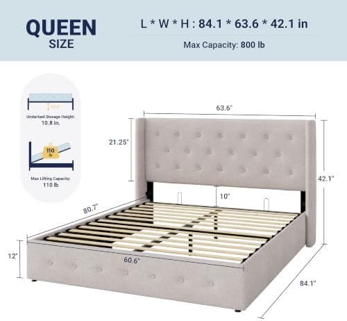 Allewie Queen Size Lift Up Storage Button-Tufted Bed Frame Light Beige
