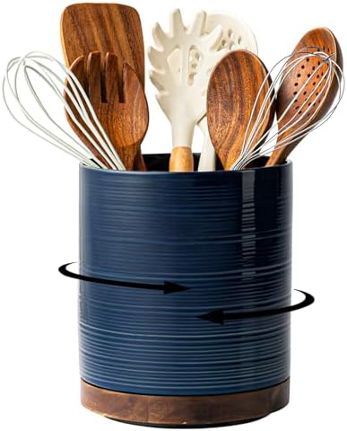 Utensil Holder, 360° Rotating Extra Large Ceramic Kitchen Utensil Holder for Countertop, 7.3“ Cooking Utensil Crocks for Kitchen Counter with Rotatable Wooden Base, Farmhouse Decor, Dark Blue