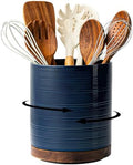 Utensil Holder, 360° Rotating Extra Large Ceramic Kitchen Utensil Holder for Countertop, 7.3“ Cooking Utensil Crocks for Kitchen Counter with Rotatable Wooden Base, Farmhouse Decor, Dark Blue