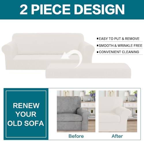 Turquoize Stretch Sofa Slipcover 2 Pieces Sofa Cover Couch Cover for 3 Cushion Couch Washable Furniture Protector Covers with Elastic Bottom Feature Thick Jacquard Fabric (Sofa, Porcelain White)